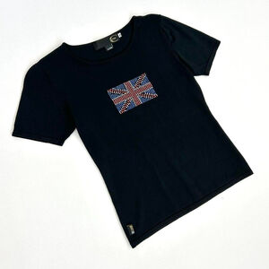 y2k Cavalli black short sleeve top w rhinestone union jack